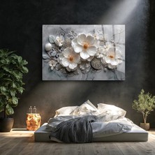 Mgi Design Beyaz Çiçekler ve Mermer Doku Cam Tablo | Şık Duvar Tablosu | Uv Baskılı Canlı Renkler | Kafe ve Ofis Için | Ev Hediyesi | Parlak Cam Yüzey