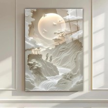 Mgi Design 3D Soyut Beyaz Cam Tablo Ay Doğa | Doğa ve Manzara Temalı Dekoratif Duvar Tablosu, Salon, Yatak Odası ve Ofis Dekoru,