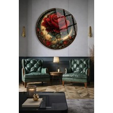 Mgi Design Kırmızı Gül Gold Yuvarlak Cam Tablo | Modern Sanat Tablosu | Canlı Renkli Baskı | Ofis ve Çalışma Odası | Anlamlı Hediye Seçeneği | 4mm Kırılmaz Cam