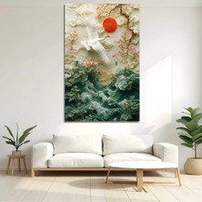 Mgi Design Japon Turna Kuşu & Kızıl Güneş 3D Rölyef Cam Tablo Dekoratif Duvar Tablosu Modern Salon Duvar Dekoru Oturma Odası Yatak Odası Tablosu 4mm Temperli Cam Tablo Lüks Ev Dekorasyonu Duvar Sanatı Hediyelik