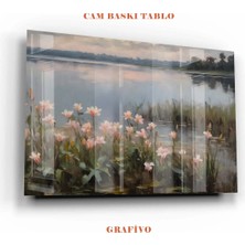 Mgi Design Klasik Yağlı Boya Tarzında Göl ve Lotus Çiçekleri Cam Tablo