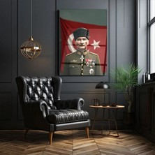 Mgi Design Atatürk Askeri Üniformalı Cam Tablo – Türk Bayraklı Mustafa Kemal Atatürk Portresi Ev ve Ofis Dekoru