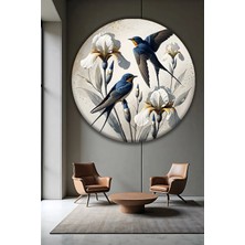 Mgi Design Kırlangıç Kuşları ve Beyaz Çiçek Temalı Yuvarlak Bohem Tasarım Modern Cam Tablo | Çiçek Temalı Dekoratif Duvar Tablosu, Salon ve Yatak Odası Dekoru, 100X100 cm