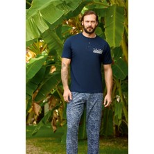 fiyakamstore Aydoğan Erkek %100 Pamuk Kısa Kol Lacivert Düz Paça Pijama Takımı