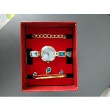 Time Kadın Gold Renkli 3’lü Kol Saati ve Bileklik Seti – Turkuaz Taş Detaylı