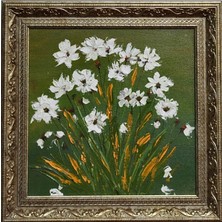 Tokyo Sanat Yeşil Arkaplanda Papatyalar Yağlı Boya Tablo (Çerçeve Dahil)