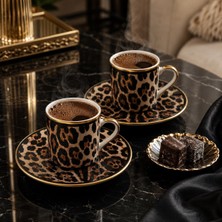 2 Kişilik 4 Parça Leopar Desenli Türk Kahvesi Fincan Takımı, Gold Detaylı Şık Kahve Seti