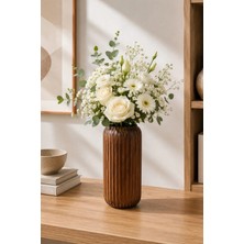 Yumuk Shop Terra Linea Ahşap Görünümlü Seramik Vazo Iskandinav Modern Bohem Dekoratif Şık Vazo 19X11 cm