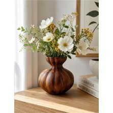 Yumuk Shop Terra Ahşap Görünümlü Seramik Vazo Iskandinav Modern Bohem Dekoratif Şık Vazo 18X18 cm