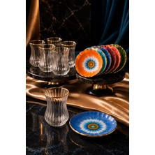 6 Kişilik 12 Parça Renkli Çay Takımı, Gold Detaylı Modern Tasarım