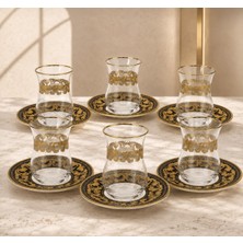 6 Kişilik 12 Parça Siyah Gold Yaldızlı Cam Çay Takımı – 6 Çay Bardağı 6 Çay Tabağı Şık Çeyizlik Çay Seti