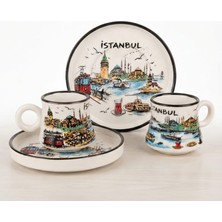 Belirtilmemiş Sunart Istanbul Temalı Siyah Çizgili 2 Kişilik Yuvarlak Tabaklı Türk Kahvesi Fincan Takımı