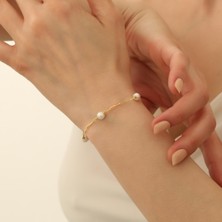Nox Jewelry 14 Ayar Altın Kaplama Beyaz Tatlı Su İncili Ataç Zincir Kadın Gümüş Bileklik - CBP00117