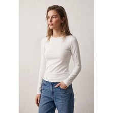 Elemge %95PAMUK %5likra Vücuda Oturan Magic Fit Beyaz Kadın Stretch Uzun Kollu T-Shirt Compact Penye Esnek Basic Tişört Elastan Bluz