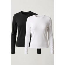 elemge 2'li Paket %95Pamuk %5Likra Vücuda Oturan Magic Fit Kadın Slim Fit Stretch Uzun Kollu T-Shirt Compact Penye Süprem Dar Kesim Esnek Basic Siyah Beyaz Tişört Elastan Bluz