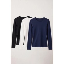 Elemge 3'lü Paket %95PAMUK %5likra Vücuda Oturan Magic Fit Stretch Uzun Kollu T-Shirt Compact Penye Esnek Basic Tişört Siyah Beyaz Lacivert Kadın Elastan Bluz Elastan