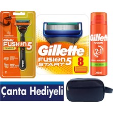 Gillette Fusion5 Power Pilli Titreşimli 1 Makine + 9 Başlık + 200 ml Jel + Çanta Hediyeli Tıraş Seti