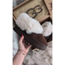 Evlium UGG Tazzelle Acı Kahve Süet Kürk Detaylı 5 cm Platform Kadın Bot