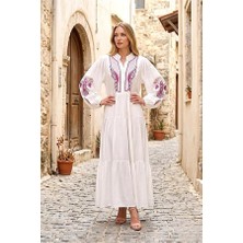 Beyaz Önü ve Kolları Nakışlı Balon Kol Eteği Kat Kat Uzun Elbise 40 - Beyaz