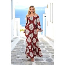 Bordo Madonna Yaka Desenli Eteği Kat Kat Uzun Elbise Standart - Bordo