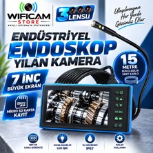 Wificam 15 Metre 3 Lensli 7 Inç Büyük Ekranlı Yılan Kamera Sert Kablo-Sd Karta Kayıt