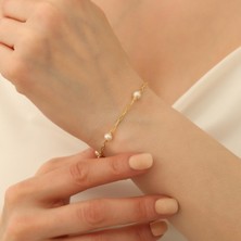 Nox Jewelry 14 Ayar Altın Kaplama 925 Ayar Gümüş 5 mm Beyaz Tatlı Su İncili Ataç Zincir Kadın Bileklik - CBP00118