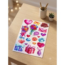 Ert Print Studio Romantik Temalı Sticker Seti – Kalp, Çiçek, Hediye ve Love Konsept Dekoratif Çıkartma Sayfası