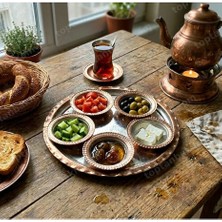 Zinnunbakır El Dövmesi Bakır Sunum Kahvaltı Tepsisi (35 Cm) ve Tabak Takımı 5'li (11.5 Cm)
