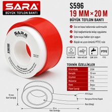 Sara S596 Büyük Teflon Bant – 19 mm x 20 M, Ptfe, Beyaz, 10’lu Paket