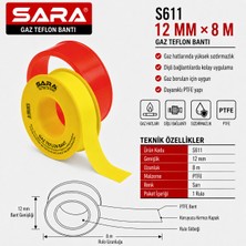 Sara S611 Gaz Teflon Bandı – 12 mm x 8 M, Ptfe, Sarı, 10’lu Paket