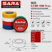 Sara S625 Elektrik Izolasyon Bandı – 0,15 mm x 19 mm x 10 Yards, Pvc, 10’lu Paket
