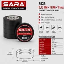 Sara S536 Elektrik Izolasyon Bandı – 0,13 mm x 19 mm x 10 Yards, Siyah, 10’lu Paket