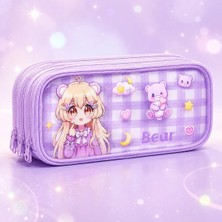 Fillikutum Kawaii Anime 3 Bölmeli Geniş Kapasiteli Büyük Boy Kalemlik Kalem Kutusu Mor Pembe Mavi Renk Seçenekli - Mor