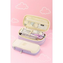 Fillikutum Kawaii Special Renkli Çift Katmanlı Kanvas Kalem Kutusu Pastel Ton Büyük Kapasite Kalemlik - Lila