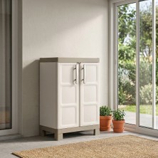 Plastik Balkon Depo Dolabı 2 Raflı 2 Kapaklı Çok Amaçlı Düzenleyici Bej Kısa Dolap 65X45X97 cm Alçak