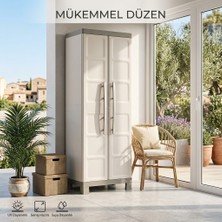 Plastik Balkon Depo Dolabı Süpürgelikli Uzun Bölmeli 4 Raflı Bej Erzak Dolabı 65X45X182 cm Çok Amaçlı