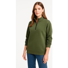 Tarz Yeri Kadın 3 Iplik Dık Yaka Yarım Fermuarlı Sweatshirt - Haki