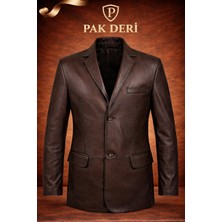 PAK Erkek Kahverengi Hakiki Deri Ceket - Klasik  Düğmeli Blazer Mont