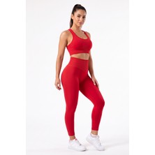 Womenmade Kadın Kırmızı Renk Dikişsiz Spor Büstiyer ve Push Up Toparlayıcı Spor Tayt Takımı