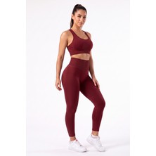 Womenmade Kadın Vişne Bordo Renk Dikişsiz Spor Büstiyer ve Push Up Toparlayıcı Spor Tayt Takımı