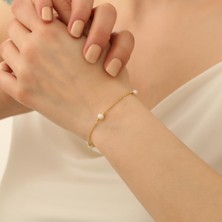 Nox Jewelry 14 Ayar Altın Kaplama 925 Ayar Gümüş 5 mm Beyaz Tatlı Su İncili Duraklı Kadın Bileklik - CBP00119