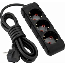 1001 3lü 2 Metre Kablolu Topraklı Grup Priz, 16A 250V, Üçlü Uzatma Kablosu Siyah Renk