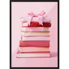 1001 Siyah Çerçeveli Tablo Pembe Kurdeleli Kitaplar – Feminen Sanat Genç Odası Dekoru Poster 103523