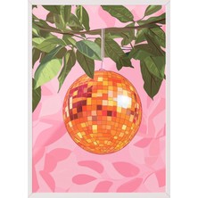1001 Beyaz Çerçeveli Duvar Tablosu Modern Disko Topu ve Yapraklar Salon Dekoru, 13 x 18