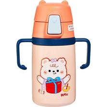 1001 Rovco 400ML Silikon Pipetli Sevimli Ayıcıklı Boyun Askılı Bebek Kulplu Paslanmaz Çelik Termos