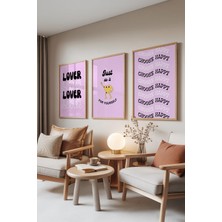 1001 Ahşap Çerçeveli 3’lü Tablo Seti Mutlu Vibes – Tipografi Pembe Genç Odası Set 30130, 30 x 4