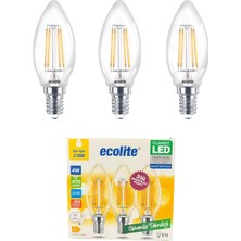 1001 Ecolite 4W LED Filament Mum Ampul, E14 Duy, 2700K Sarı Işık, 470 Lümen, Şeffaf Cam, Akkor Gör�