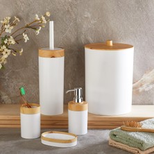 1001 5 Parça Lüx Bambu Görünümlü Banyo Seti | 10 Litre Çöp Kovası ve Antibakteriyel Tuvalet Fır