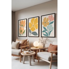 1001 Siyah Çerçeveli 3’lü Tablo Seti Sarı Çiçekler – Pastel Botanik Stil Yatak Odası Set 30063