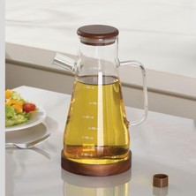 1001 Borosilikat Cam Yağdanlık, Sürahi Sosluk Ahşap Kapaklı ve Altlıklı, 900 Ml, 23X4 cm